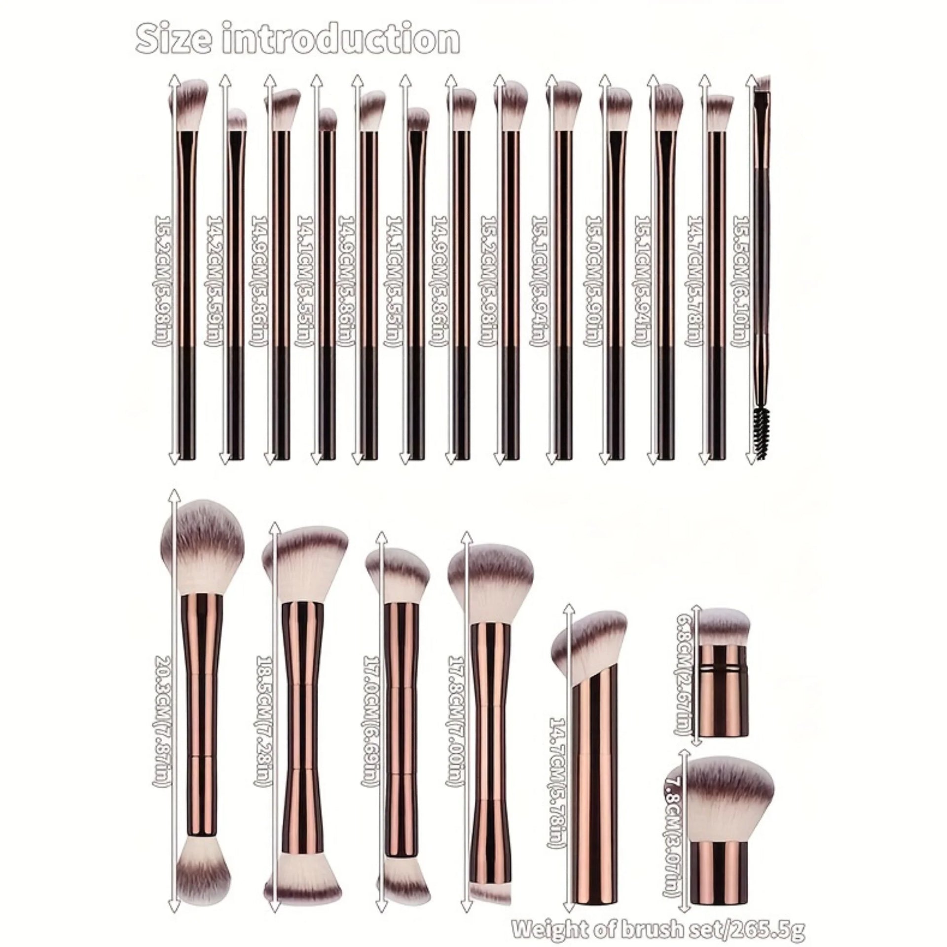 Makeup brush set diagram with rose gold aluminum handles and soft purple bristles, size view.
