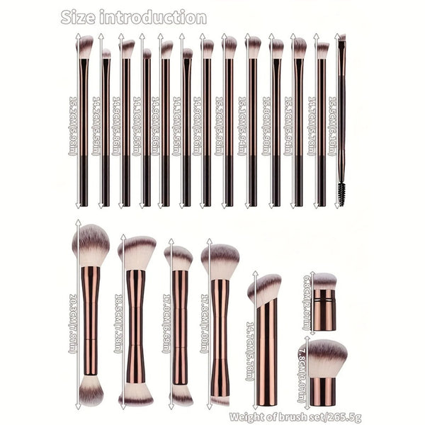 Makeup brush set diagram with rose gold aluminum handles and soft purple bristles, size view.