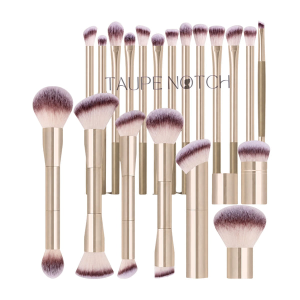 Makeup brush set with light gold aluminum handles and soft purple bristles, 20-piece.