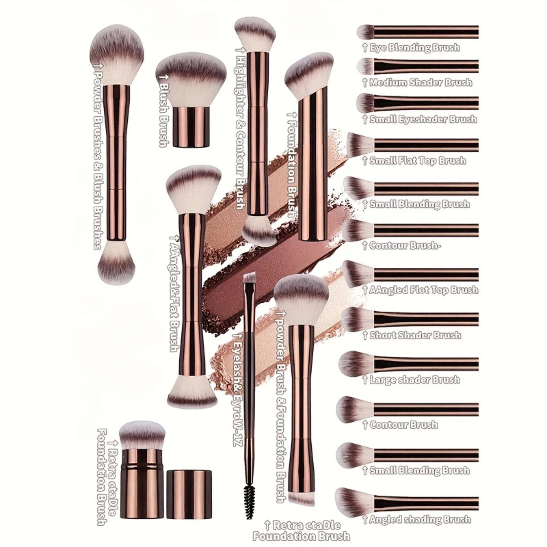 Makeup brush set showing multiple brush types with rose gold aluminum handles and purple bristles.
