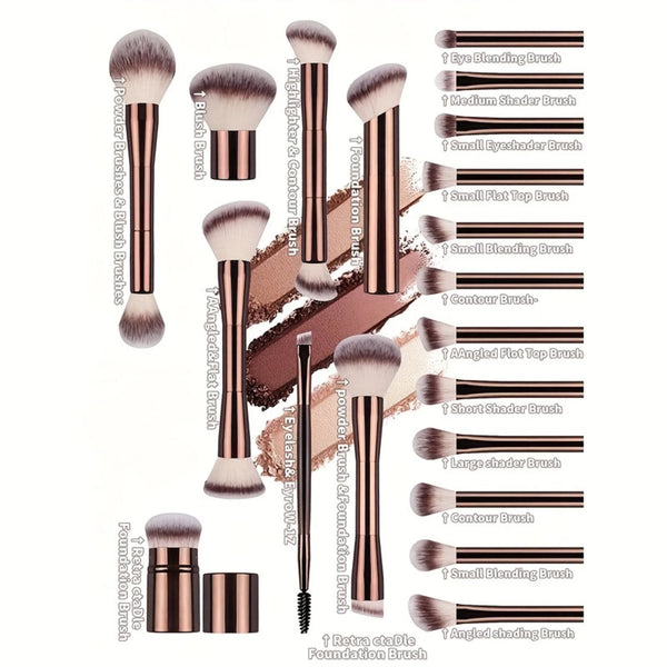 Makeup brush set showing multiple brush types with rose gold aluminum handles and purple bristles.