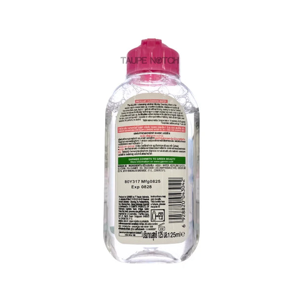 Micellar cleansing water bottle with pink cap and back label, 125 ml