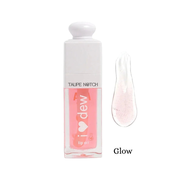 Light pink lip oil bottle with glossy swatch, Glow shade