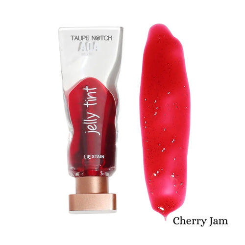 Cherry red jelly lip stain in clear squeeze tube with gold cap and Cherry Jam swatch