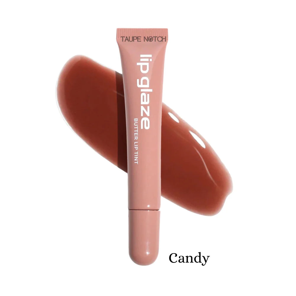 Lip glaze tint in Candy, pink tube with glossy brown swatch