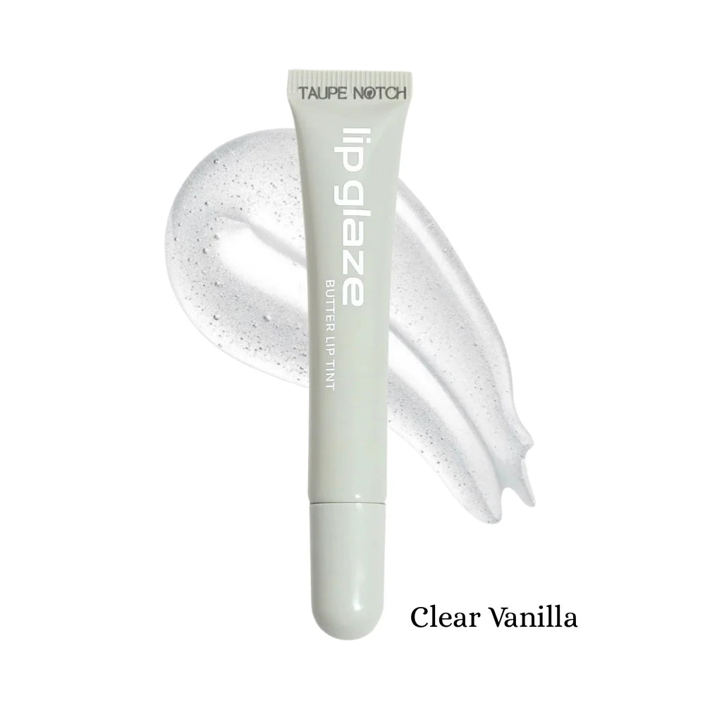 Lip glaze tint in Clear Vanilla, white tube with glossy clear swatch