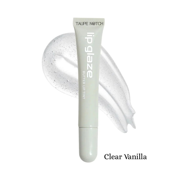 Lip glaze tint in Clear Vanilla, white tube with glossy clear swatch