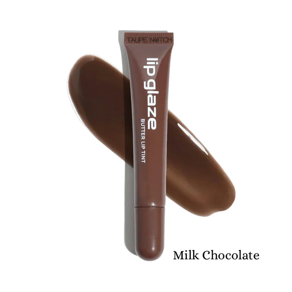 Lip glaze tint in Milk Chocolate, taupe-brown tube with glossy chocolate swatch