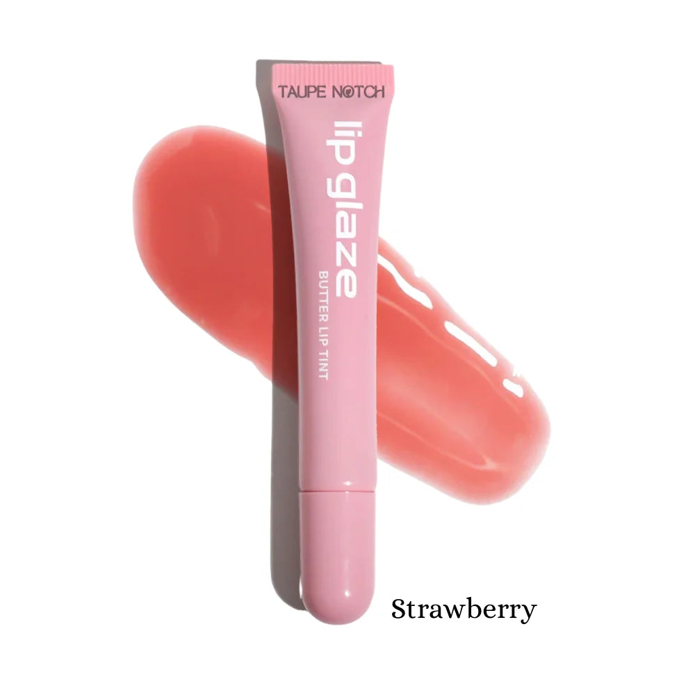 Lip glaze tint in Strawberry, rose-pink tube with glossy strawberry swatch