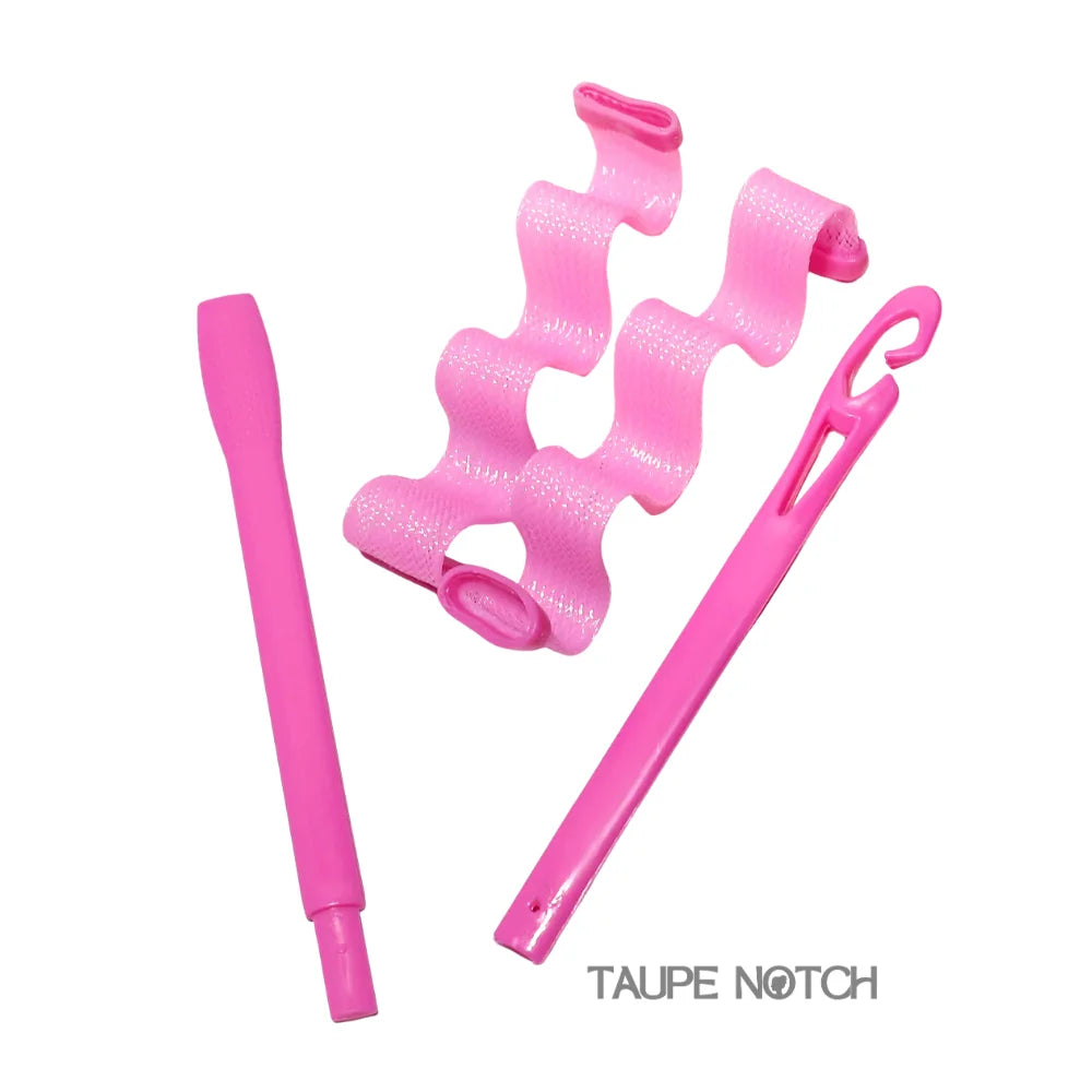 Pink no-heat wavy hair curlers set with clips and rod applicator