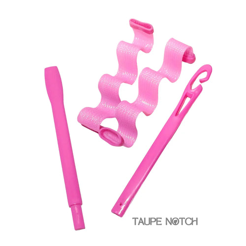 Pink no-heat wavy hair curlers set with clips and rod applicator