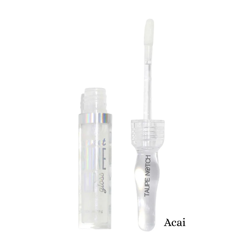 Lip gloss in Acai shade with clear tube and doe-foot applicator wand