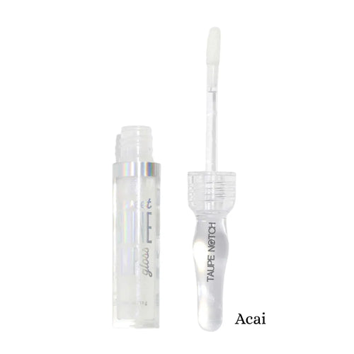 Lip gloss in Acai shade with clear tube and doe-foot applicator wand