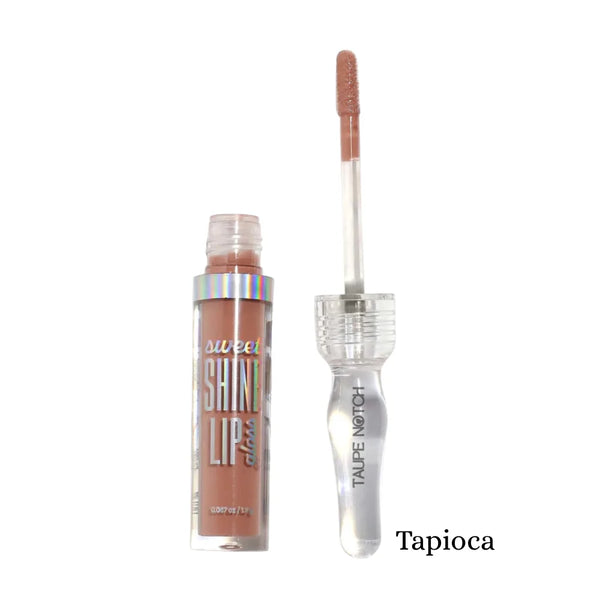 Lip gloss in Tapioca shade with nude-brown gloss and doe-foot applicator wand