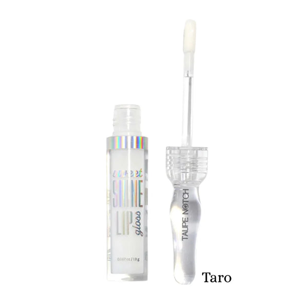 Lip gloss in Taro shade with clear tube and pale, creamy gloss applicator wand