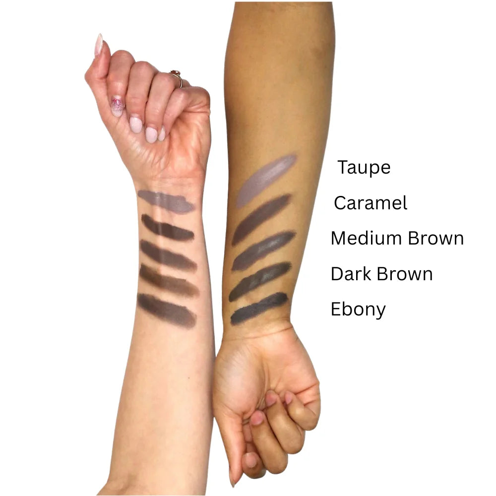 Waterproof brow gel swatches on arms: Taupe, Caramel, Medium Brown, Dark Brown, Ebony