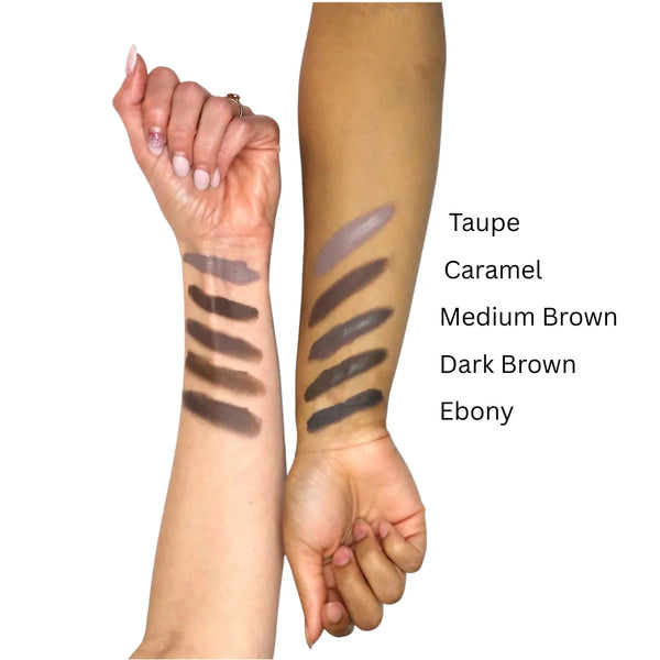Waterproof brow gel swatches on arms: Taupe, Caramel, Medium Brown, Dark Brown, Ebony