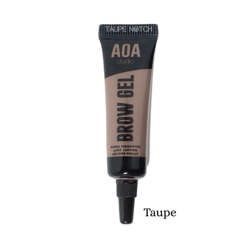 AOA Waterproof Brow Gel in Taupe, squeeze tube with applicator tip
