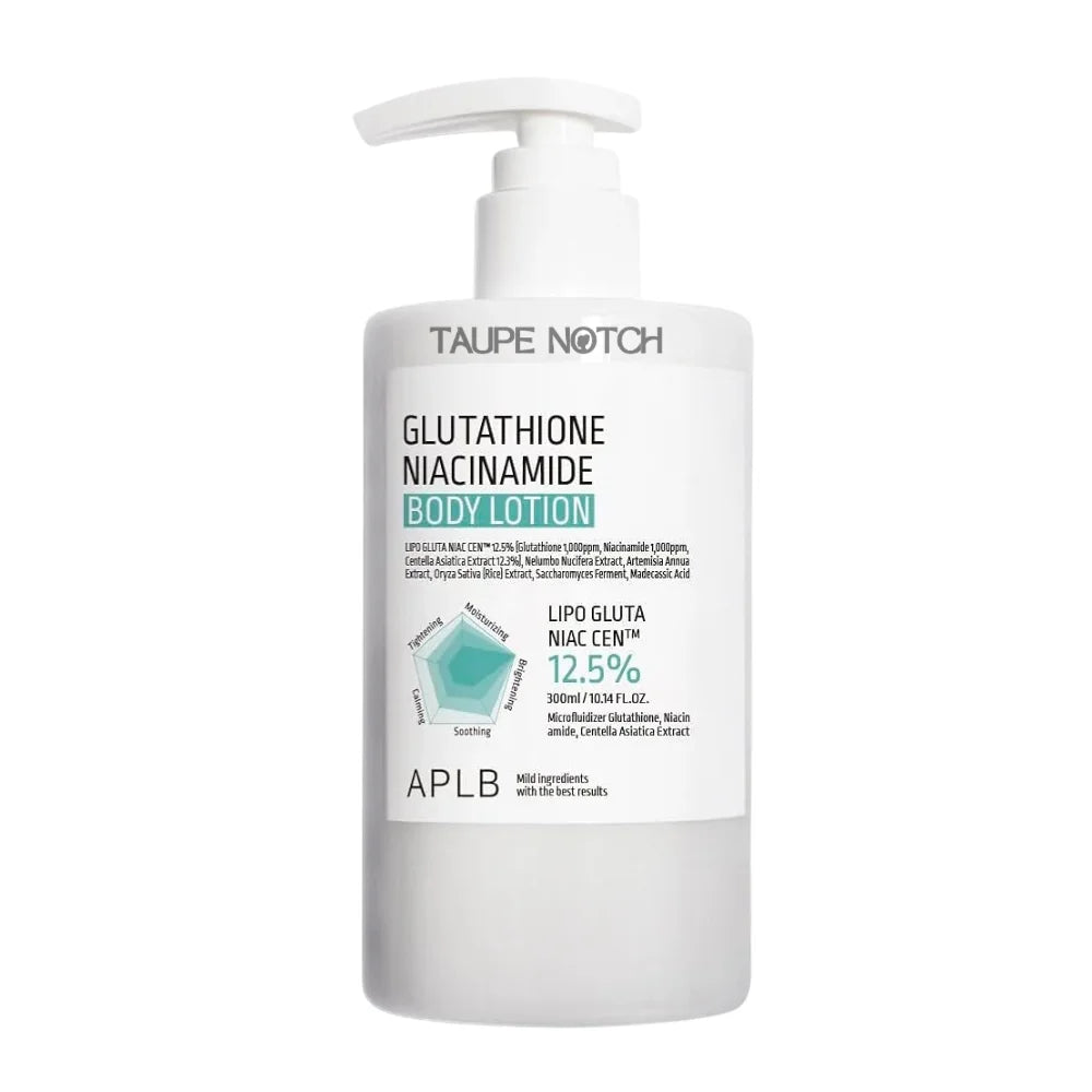 APLB glutathione niacinamide body lotion bottle, white pump dispenser, 300 ml