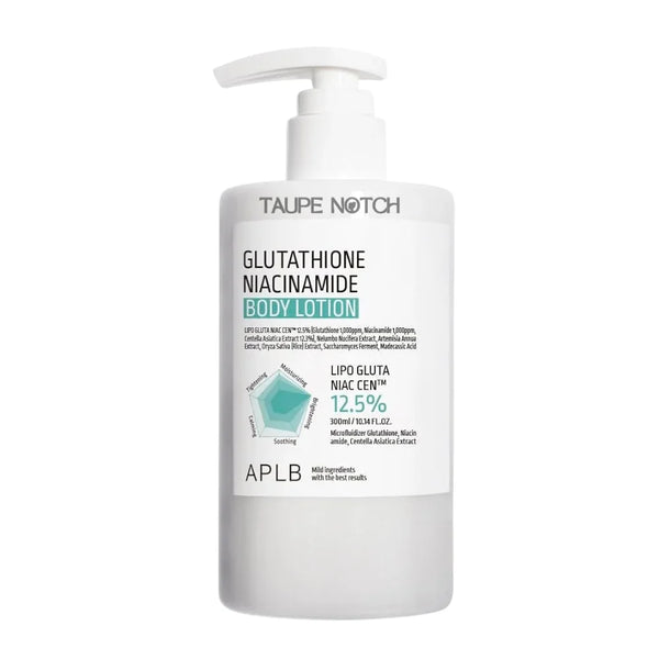 APLB glutathione niacinamide body lotion bottle, white pump dispenser, 300 ml