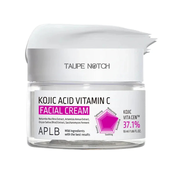 Facial cream jar with white lid, labeled Kojic Acid Vitamin C, 37.1% Vita C