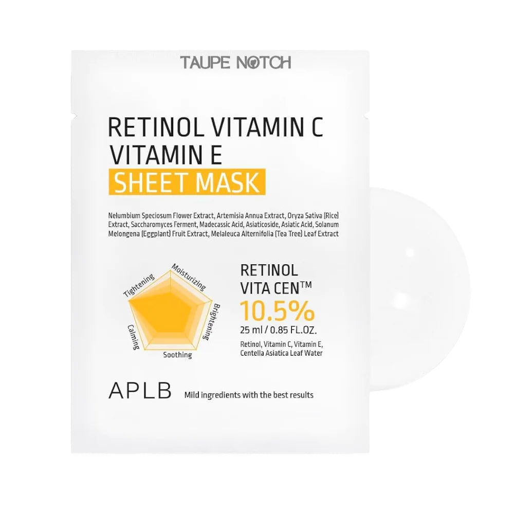 Retinol vitamin C vitamin E sheet mask sachet with nutrition panel and yellow seal