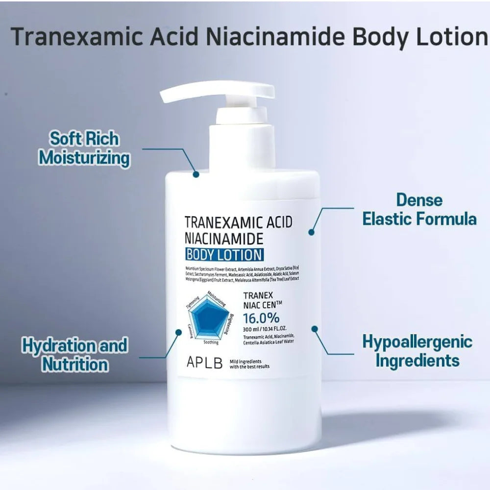 APLB tranexamic acid niacinamide body lotion bottle with pump, 16.0% label