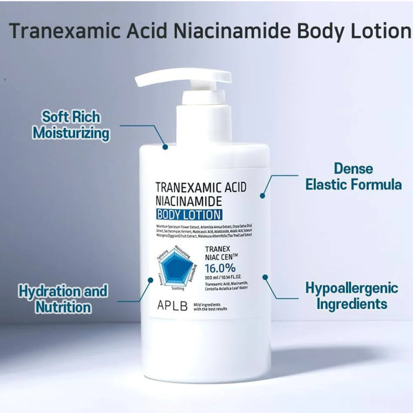 APLB tranexamic acid niacinamide body lotion bottle with pump, 16.0% label