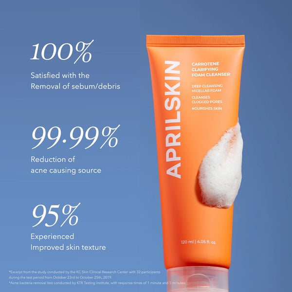 APRILSKIN clarifying foam cleanser tube with creamy foam texture on orange