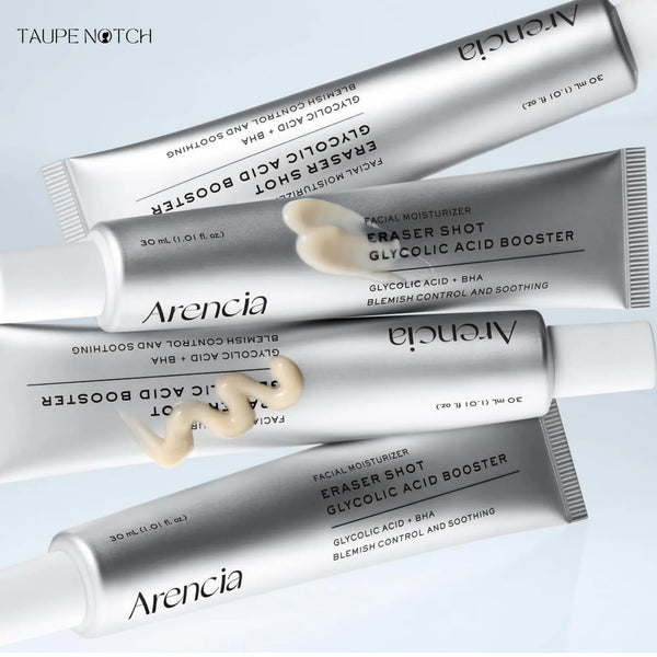 Multiple ARENCIA glycolic acid booster tubes with cream swatches