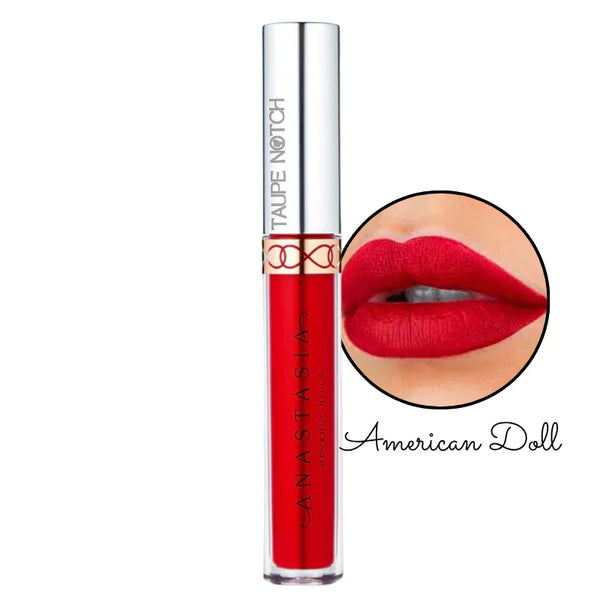 Liquid lipstick, American Doll shade; bold red liquid lip color in clear tube