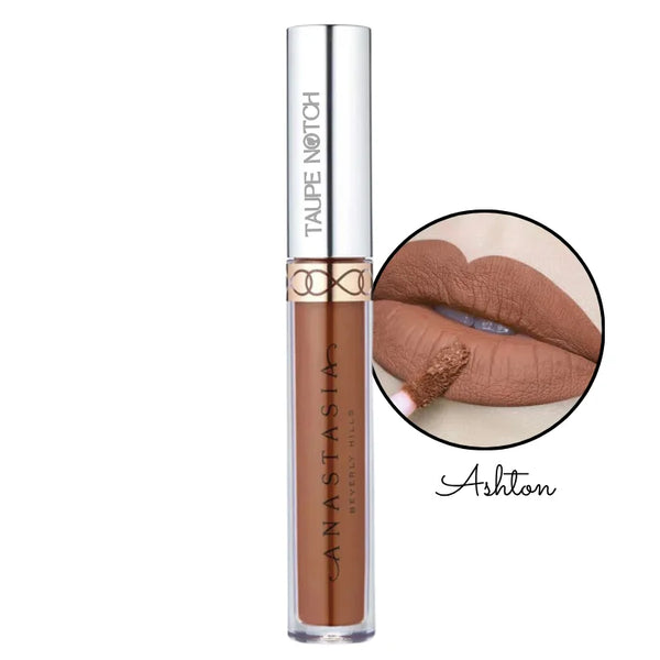 Liquid lipstick, Ashton shade; taupe-brown liquid lip color in clear tube