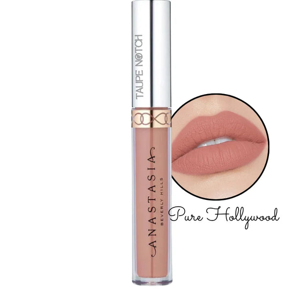 Liquid lipstick, Pure Hollywood shade; light nude pink liquid lip color in clear tube