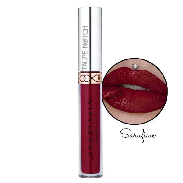 Liquid lipstick, Sarafine shade; deep berry red liquid lip color in clear tube