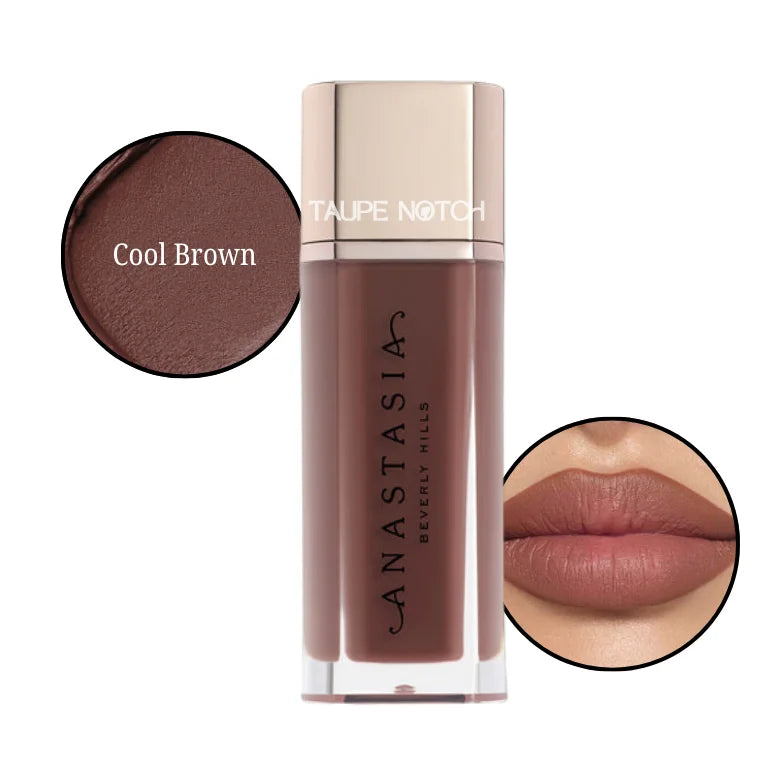 Velvet lip lipstick in Cool Brown shade, with lip swatch showing taupe brown nude.