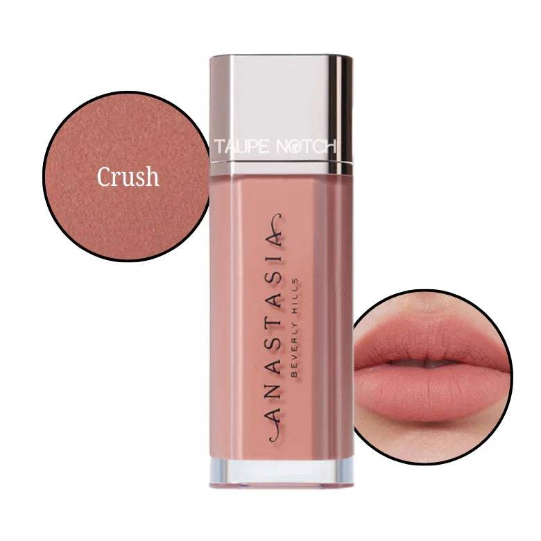 Velvet lip lipstick in Crush shade, with lip swatch showing mauve-tinted rose-brown.