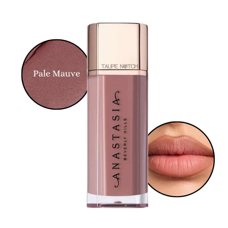 Velvet lip lipstick in Pale Mauve shade, with lip swatch showing light mauve rose.