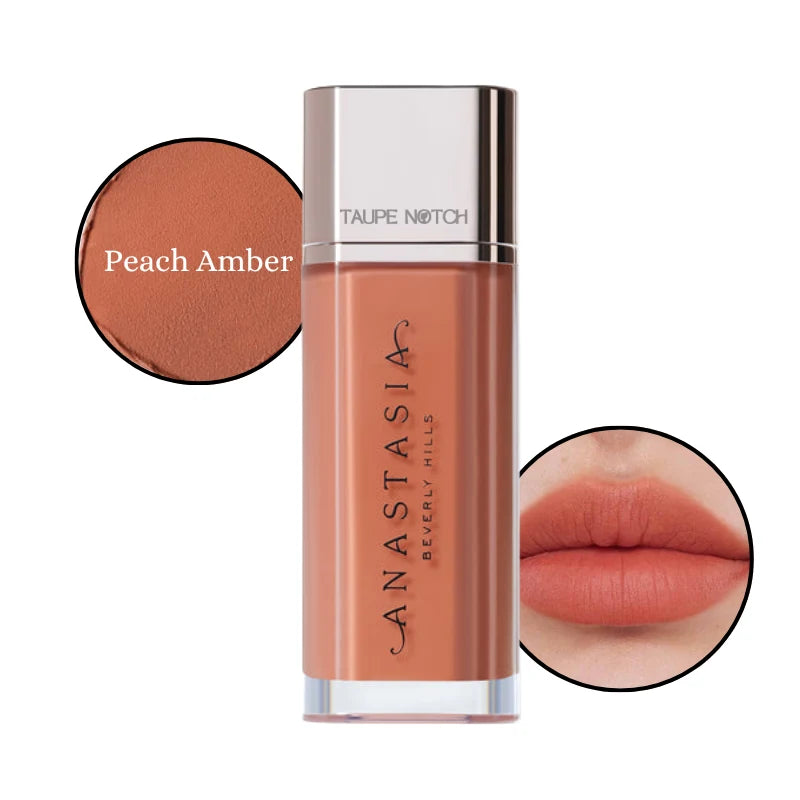 Velvet lip lipstick in Peach Amber shade, with lip swatch showing warm peachy nude.