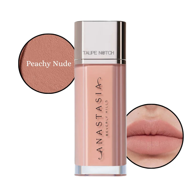 Velvet lip lipstick in Peachy Nude shade, with lip swatch showing peach nude color.