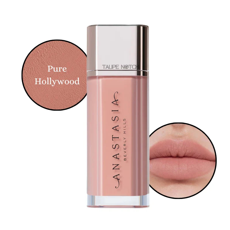 Velvet lip lipstick in Pure Hollywood shade, with lip swatch showing soft nude rose.