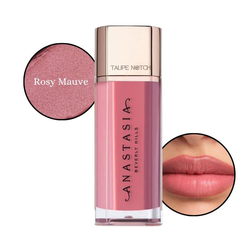 Velvet lip lipstick in Rosy Mauve shade, with lip swatch showing dusty mauve pink.