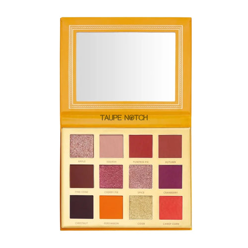 Eyeshadow palette with 12 pans in taupe, pink, plum, red, and gold tones
