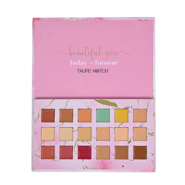 Open face makeup palette with assorted square pans in taupe and warm neutral tones