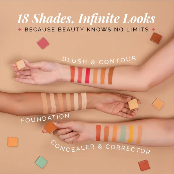 Multishade face makeup palette with striped blush, contour, foundation, concealer shades