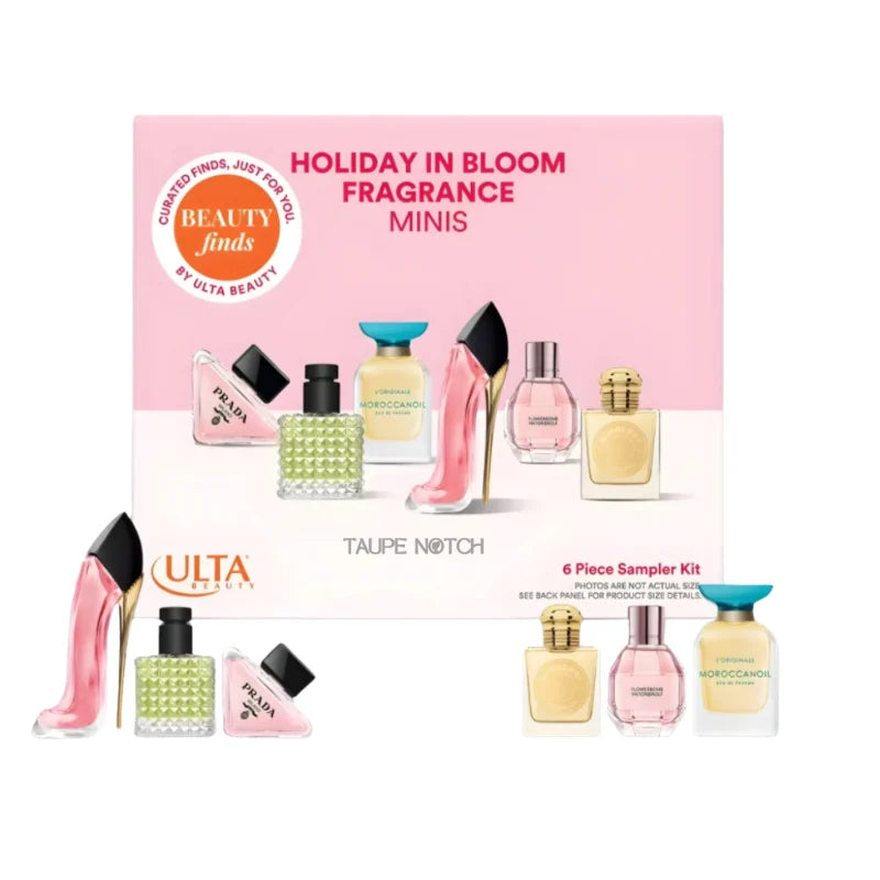 Holiday In Bloom fragrance minis gift set with six mini perfume bottles, boxed