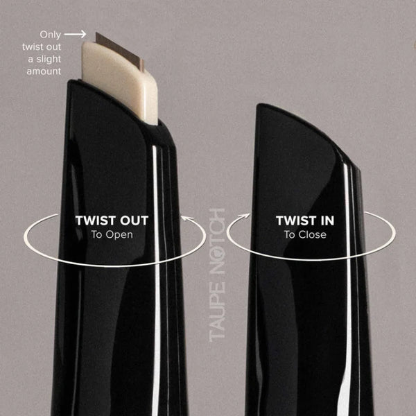 Twist-up brow pencil with beige tip and black case, dark brown pencil core