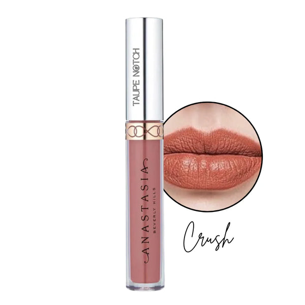 Liquid lipstick, Crush shade; peachy brown nude liquid lip color in clear tube