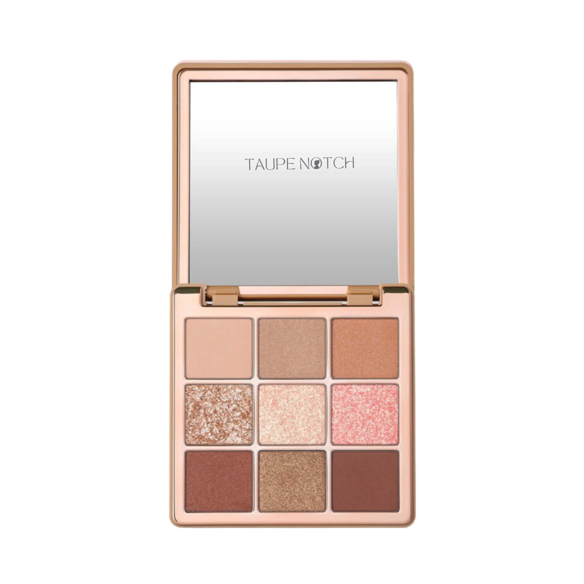 Mini eyeshadow palette open, nine warm nude and brown shades in rose-gold case.