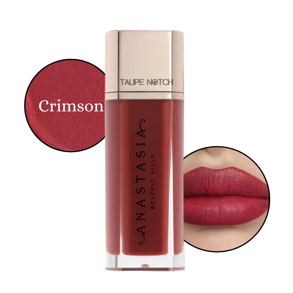 Velvet lip lipstick in Crimson shade, with lip swatch showing bold red-crimson color.