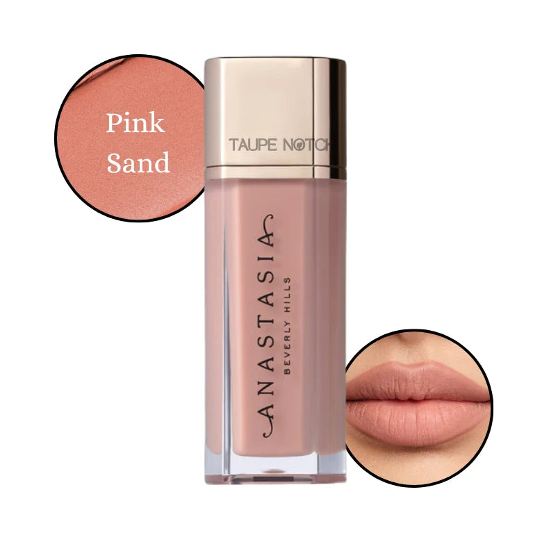 Anastasia Velvet Lip Lipstick in Pink Sand, rosy nude lipstick with lip swatch
